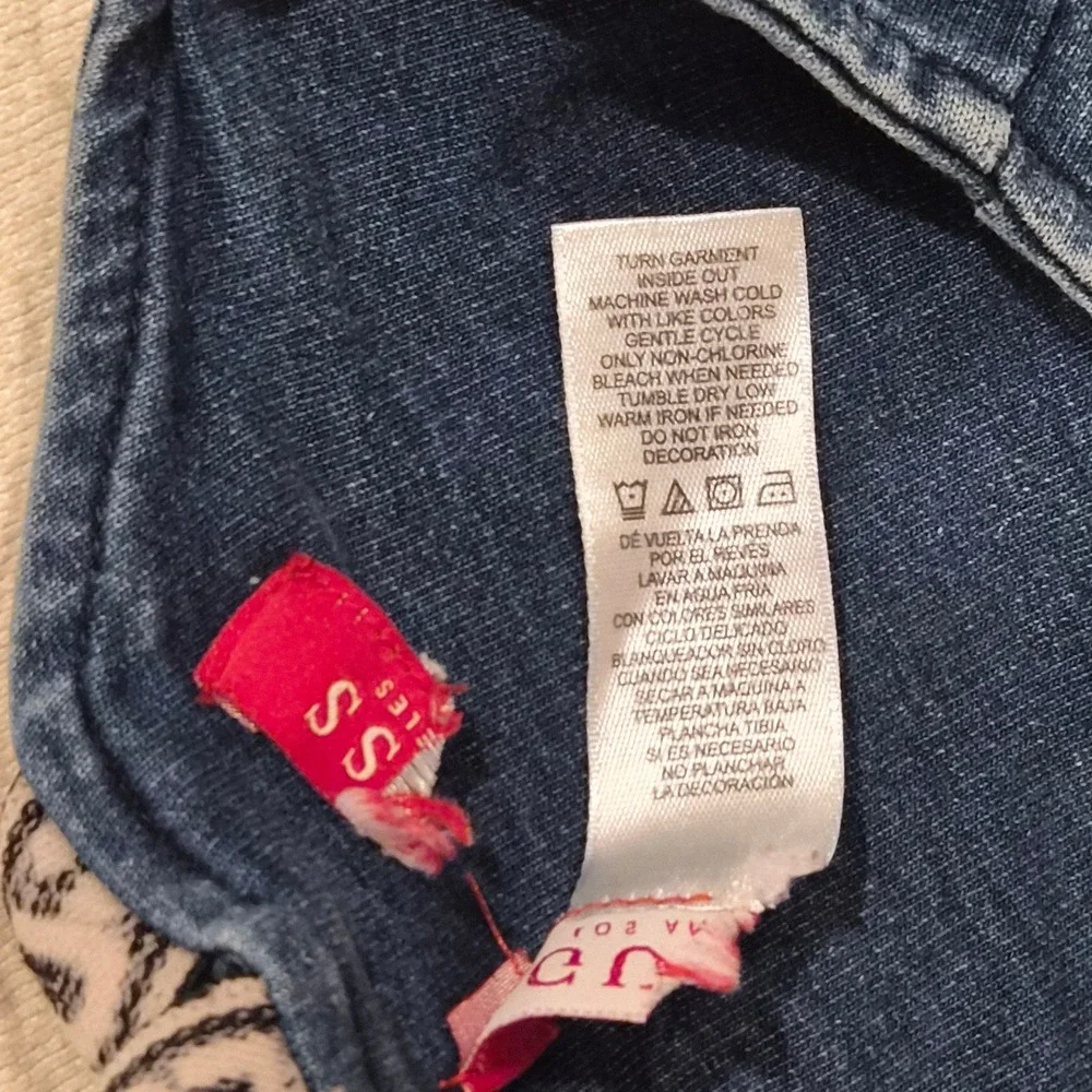 Guess Girls Denim Blue Romper Logo Straps Beaded Pocket Size 3